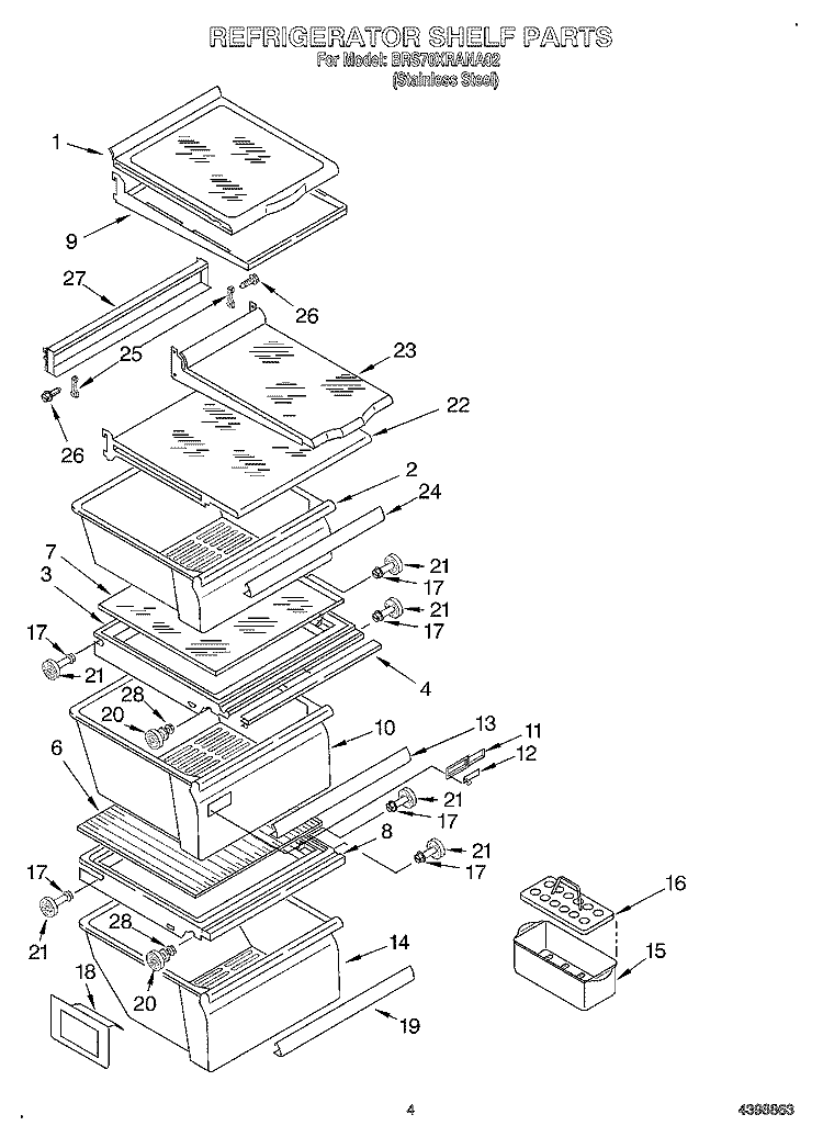 REFRIGERATOR SHELF Diagram and Parts List for BRS70XRANA02  Whirlpool Refrigerator