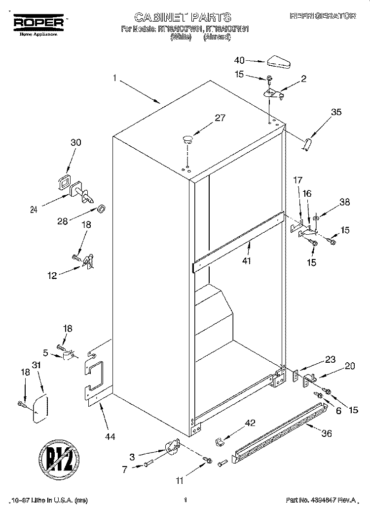 CABINET Diagram and Parts List for RT18AKXFN01  Roper Refrigerator