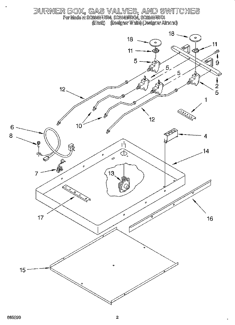 BURNER BOX, GAS VALVES, AND SWITCHES Diagram and Parts List for SC8640EDB4  Whirlpool Cooktop