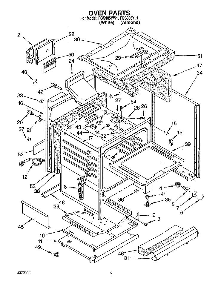 OVEN Diagram and Parts List for FGS385YL1  Whirlpool Range