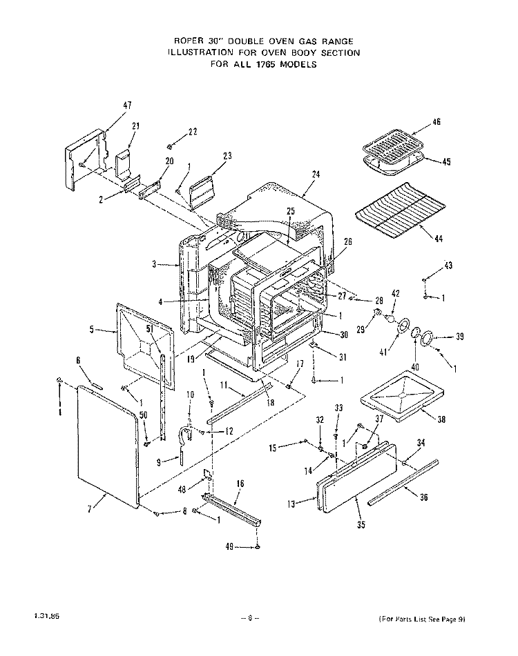 OVEN DOOR Diagram and Parts List for 1765^0A  Whirlpool Range