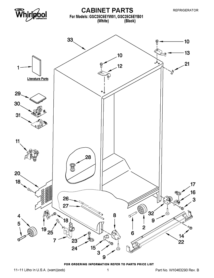 CABINET PARTS Diagram and Parts List for GSC25C5EYW01  Whirlpool Refrigerator