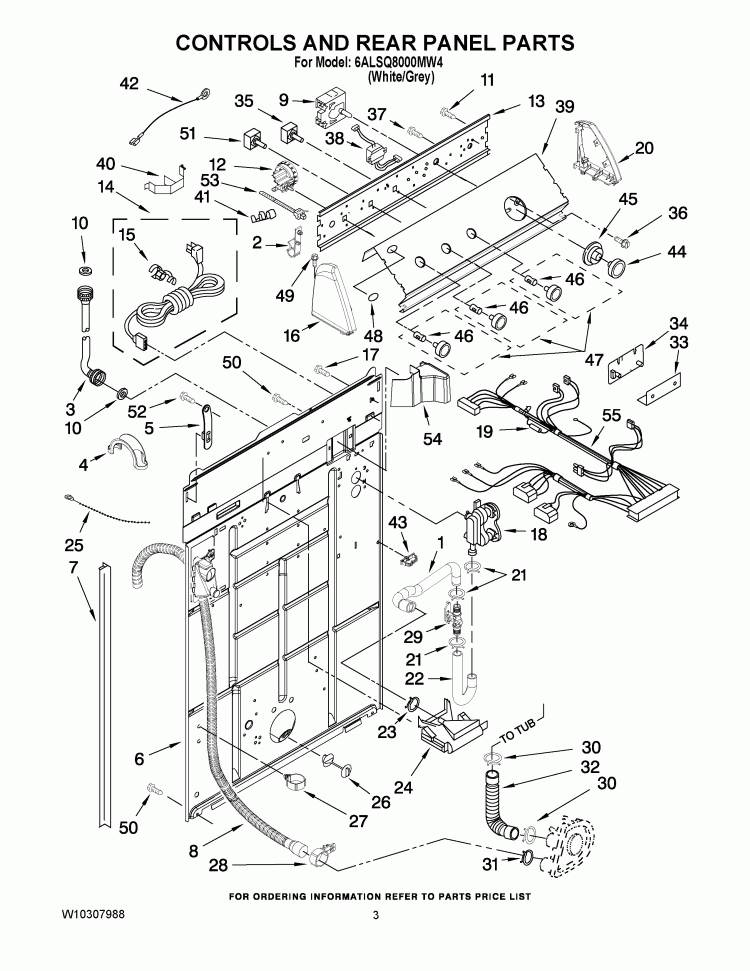 CONTROLS AND REAR PANEL PARTS Diagram and Parts List for 6ALSQ8000MW4  Whirlpool Washer