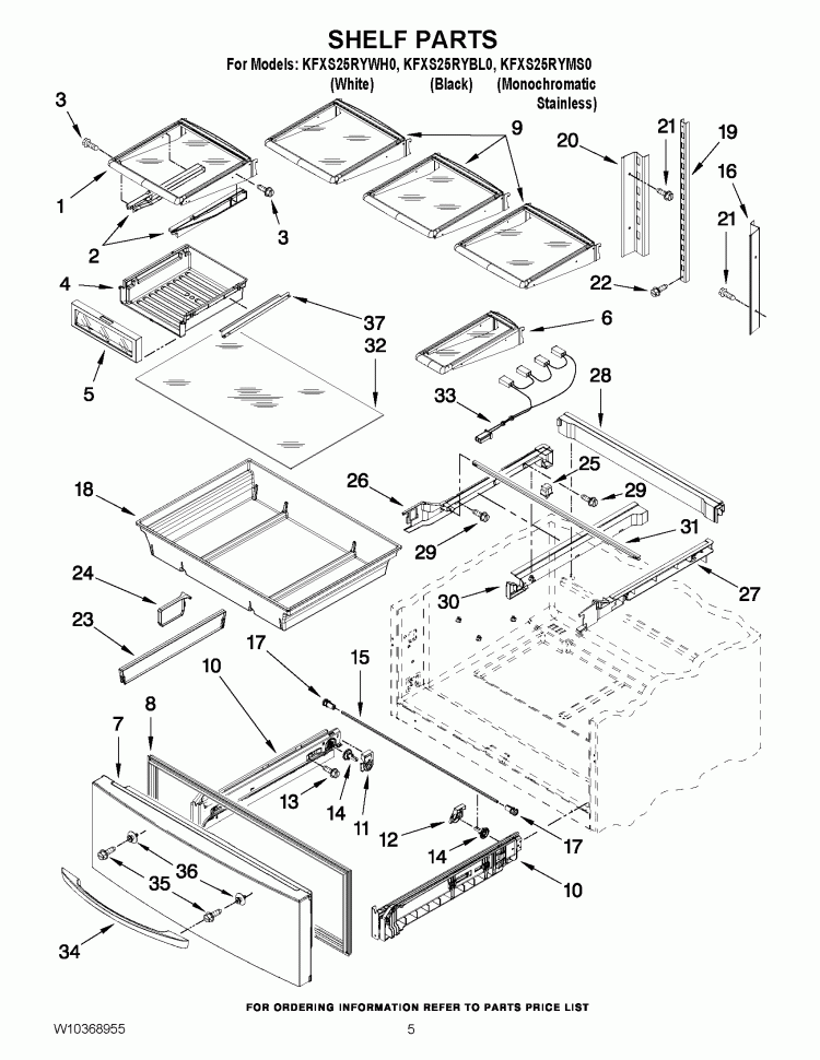 SHELF PARTS Diagram and Parts List for KFXS25RYBL0  KitchenAid Refrigerator