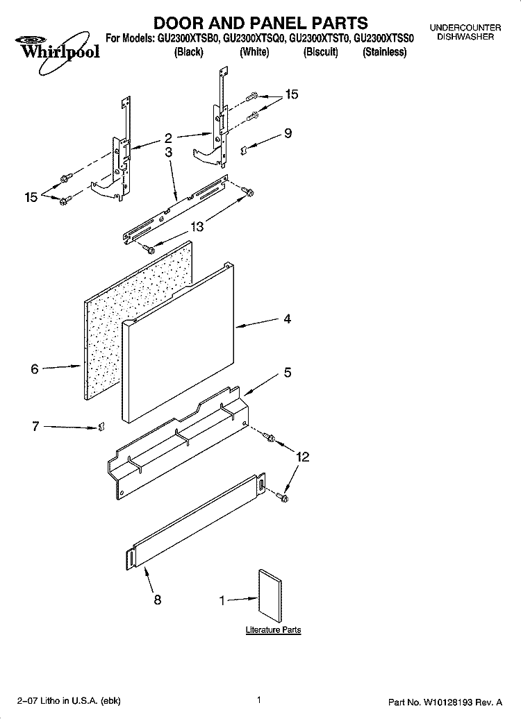 DOOR AND PANEL PARTS Diagram and Parts List for GU2300XTSQ0  Whirlpool Dishwasher