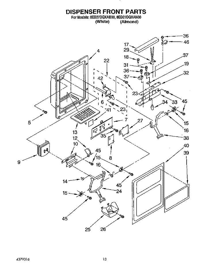 DISPENSER FRONT Diagram and Parts List for 8ED27DQXAN00  Whirlpool Refrigerator