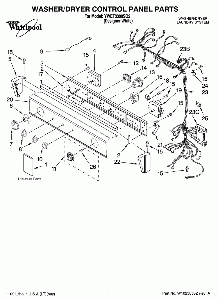 WASHER/DRYER CONTROL PANEL PARTS Diagram and Parts List for YWET3300SQ2  Whirlpool Washer Dryer Combo