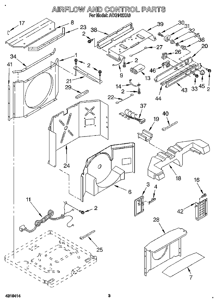 AIRFLOW AND CONTROL Diagram and Parts List for ACQ142XA0  Whirlpool Air Conditioner