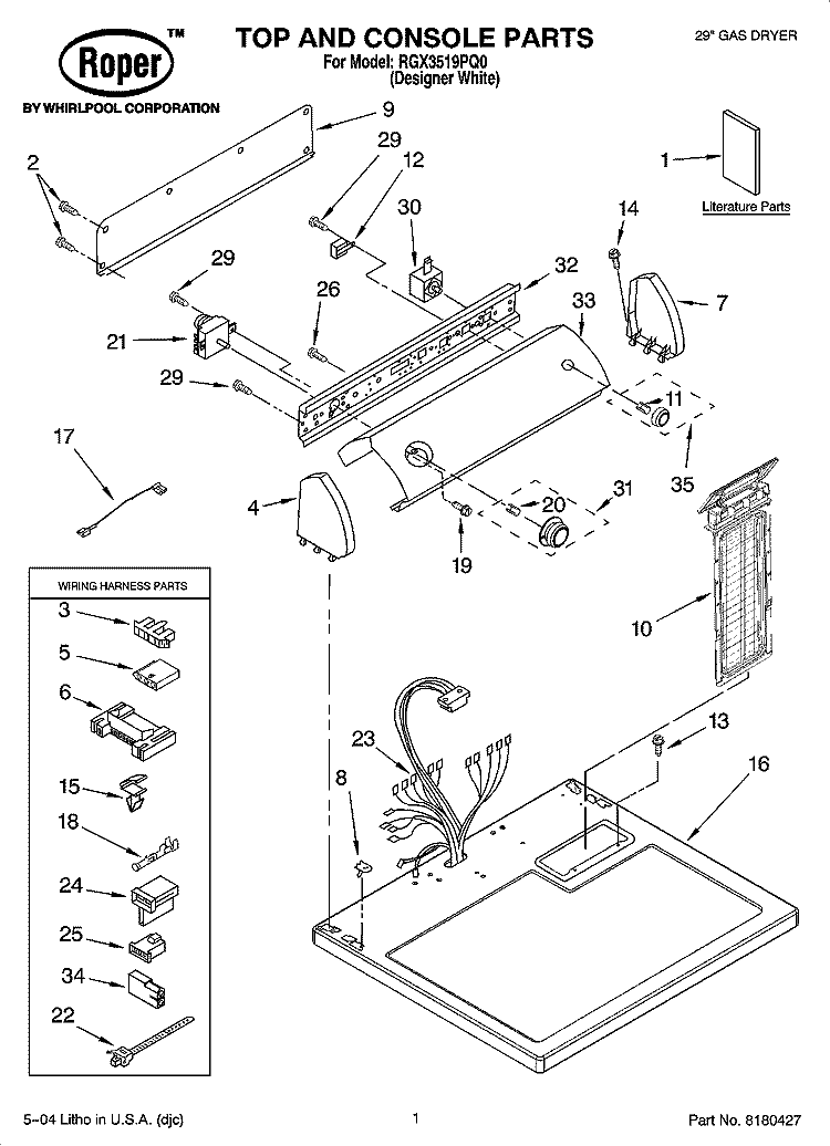 TOP AND CONSOLE PARTS Diagram and Parts List for RGX3519PQ0  Roper Dryer