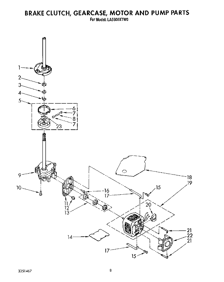 BRAKE, CLUTCH, GEARCASE, MOTOR AND PUMP Diagram and Parts List for LA5600XTG0  Whirlpool Washer