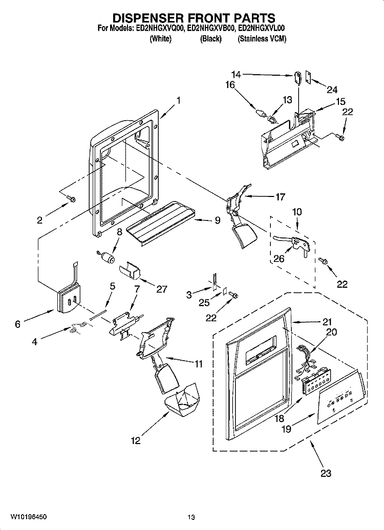 DISPENSER FRONT PARTS Diagram and Parts List for ED2NHGXVQ00  Whirlpool Refrigerator