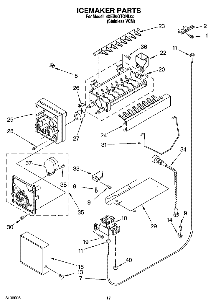 ICEMAKER PARTS Diagram and Parts List for 3XES0GTQNL00  Whirlpool Refrigerator