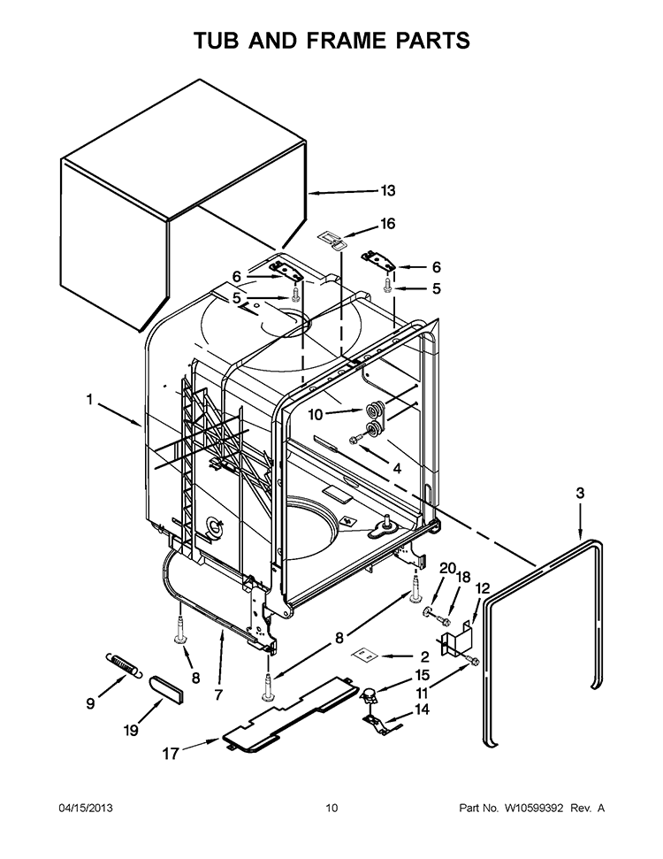 TUB AND FRAME PARTS Diagram and Parts List for WDF530PAYW5  Whirlpool Dishwasher
