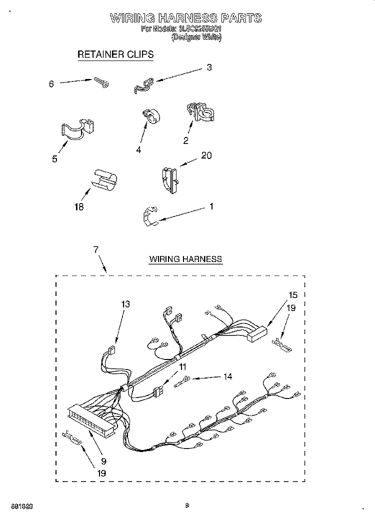 WIRING HARNESS Diagram and Parts List for 3LSC9255BQ1  Whirlpool Washer