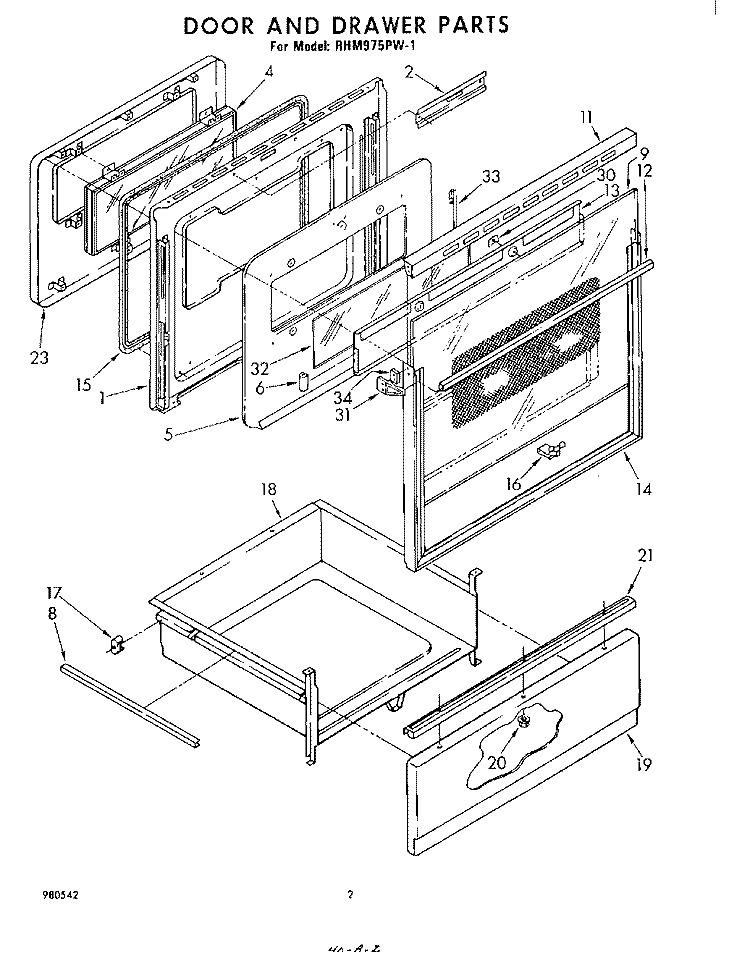 DOOR AND DRAWER Diagram and Parts List for RHM975PW1  Whirlpool Range