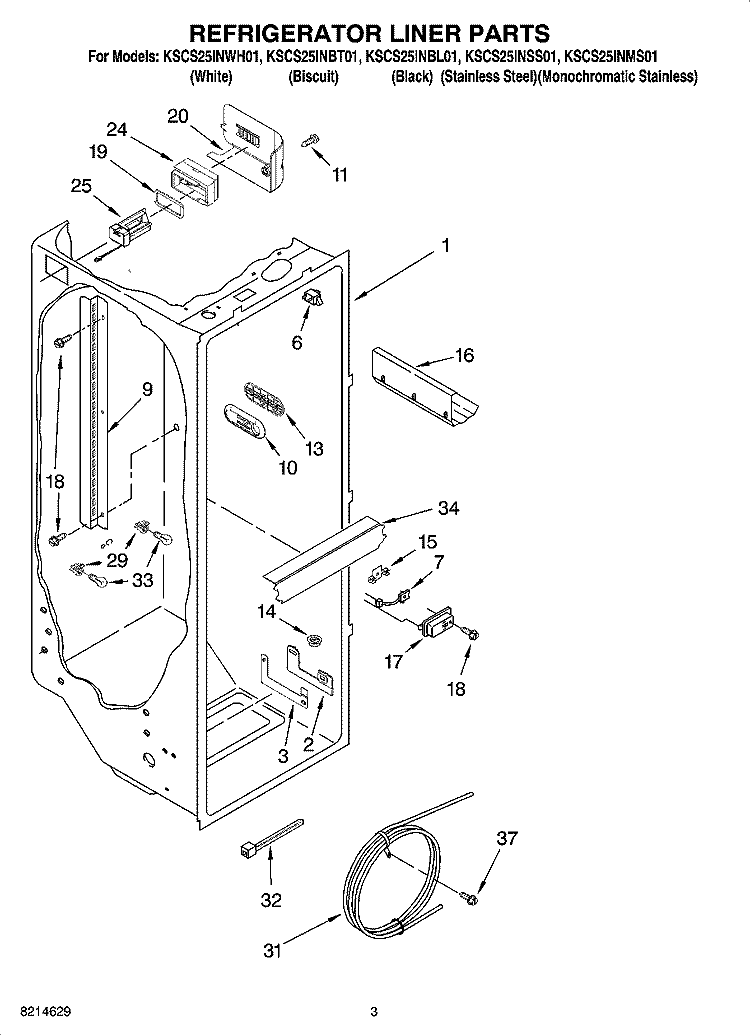 REFRIGERATOR LINER PARTS Diagram and Parts List for KSCS25INSS01  KitchenAid Refrigerator