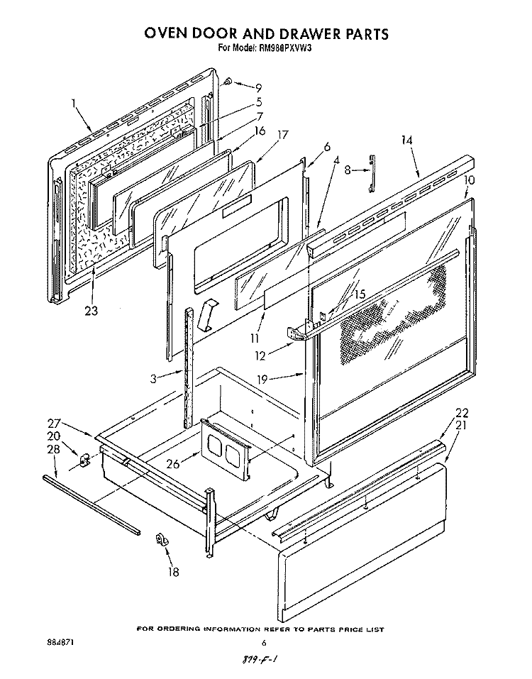OVEN DOOR AND DRAWER Diagram and Parts List for RM988PXVF3  Whirlpool Microwave Oven Combo