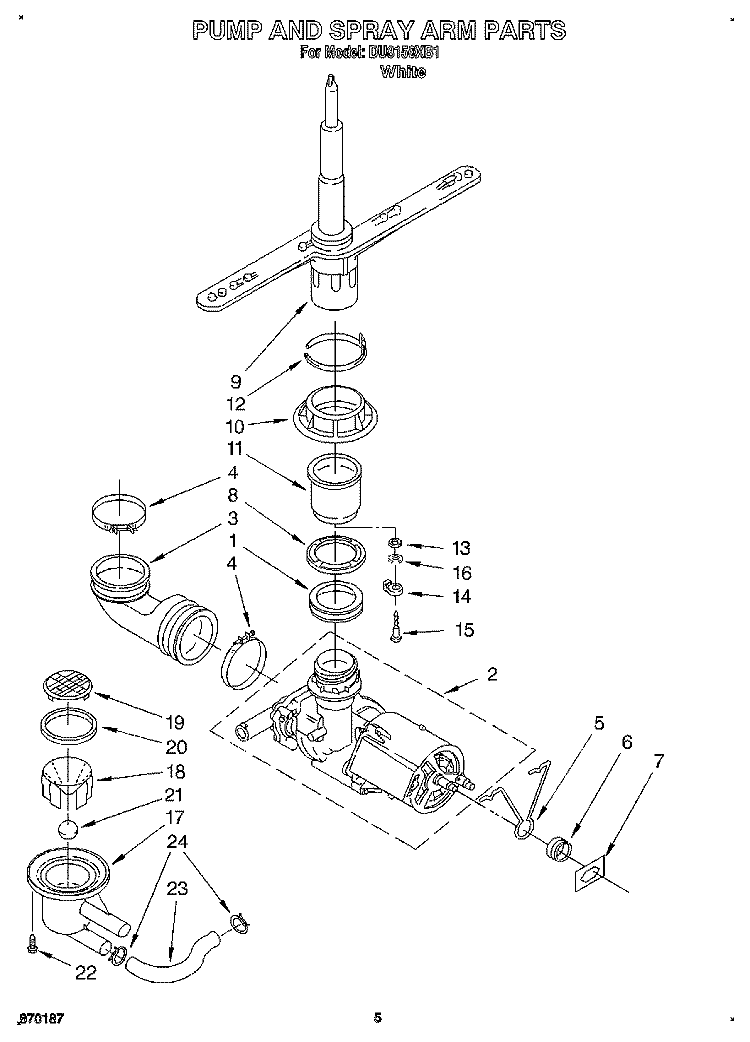 PUMP AND SPRAY ARM Diagram and Parts List for DU8150XB1  Whirlpool Dishwasher