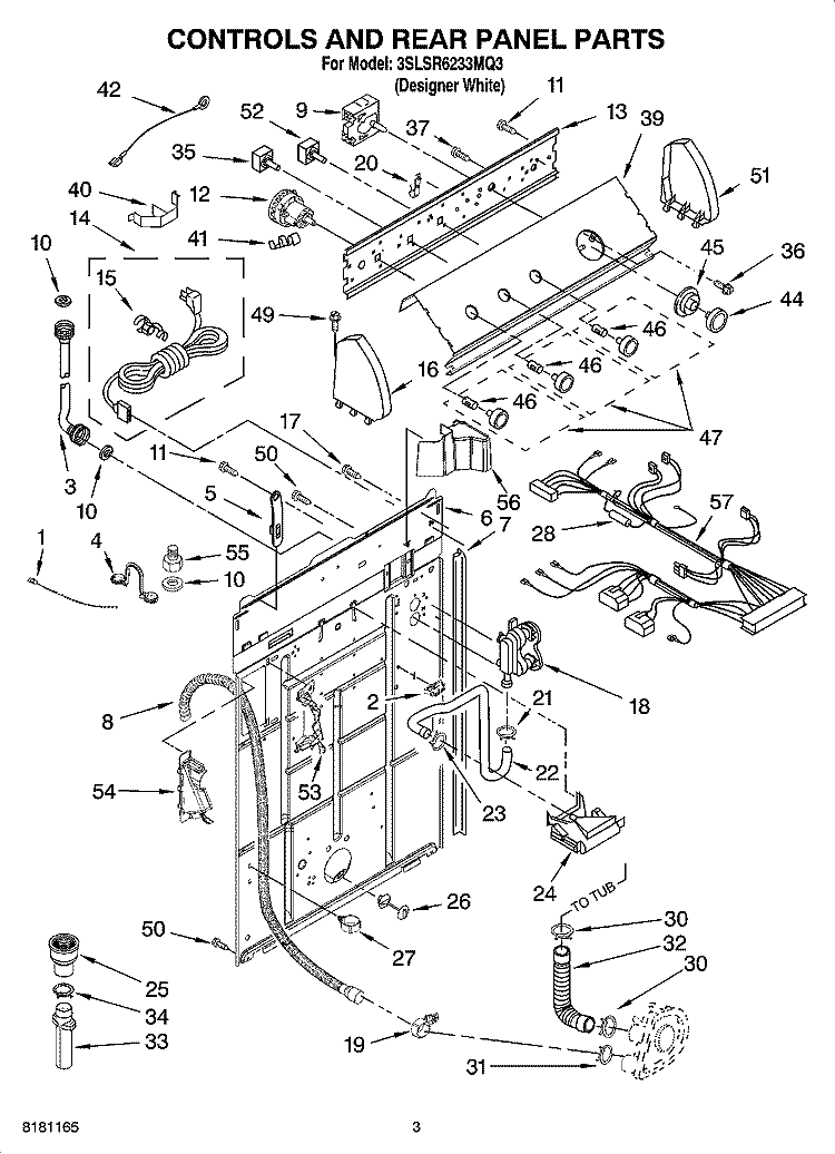 CONTROLS AND REAR PANEL PARTS Diagram and Parts List for 3SLSR6233MQ3  Whirlpool Washer