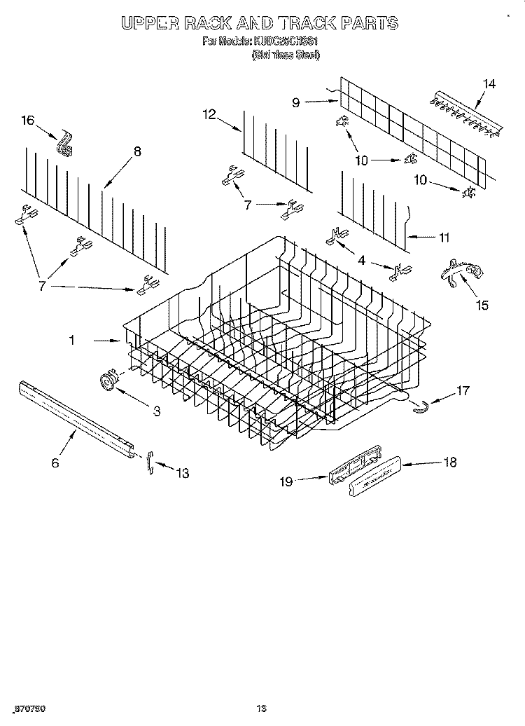 UPPER RACK AND TRACK Diagram and Parts List for KUDC25CHSS1  KitchenAid Dishwasher