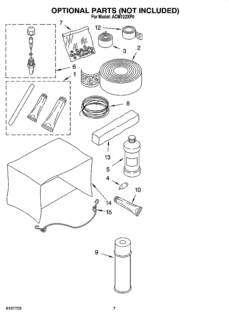 OPTIONAL  PARTS (NOT INCLUDED) Diagram and Parts List for ACM122XP0  Whirlpool Air Conditioner