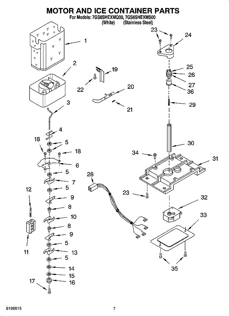 MOTOR AND ICE CONTAINER PARTS Diagram and Parts List for 7GS6SHEXMS00  Whirlpool Refrigerator