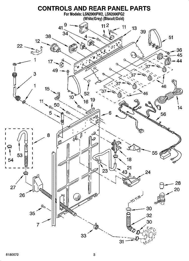 CONTROLS AND REAR PANEL PARTS Diagram and Parts List for LSN2000PG2  Whirlpool Washer