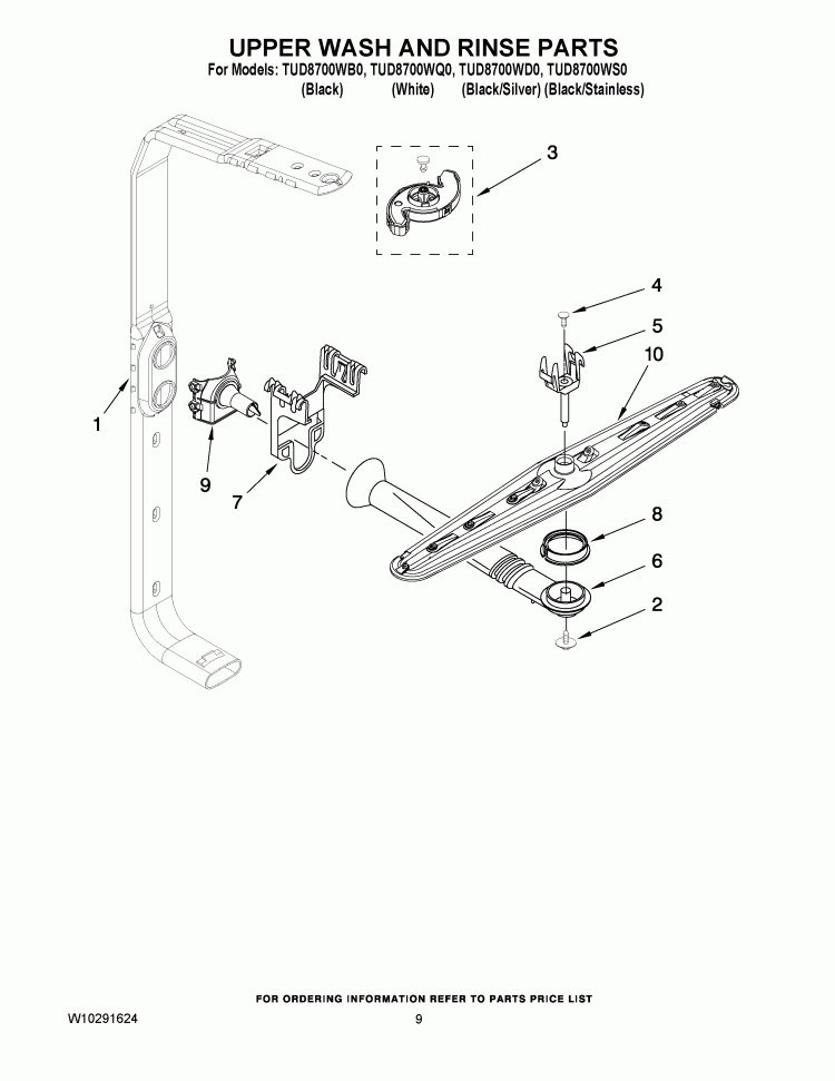UPPER WASH AND RINSE PARTS Diagram and Parts List for TUD8700WS0  Estate Dishwasher