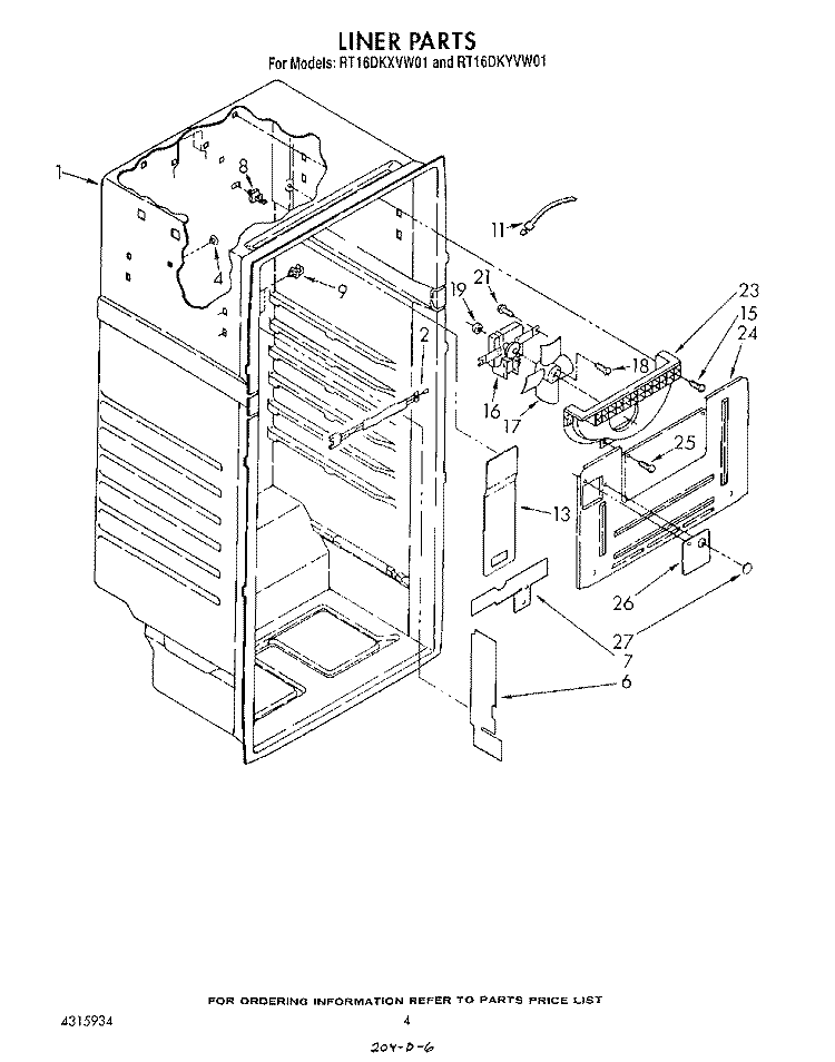 LINER Diagram and Parts List for RT16DKXVW01  Roper Refrigerator