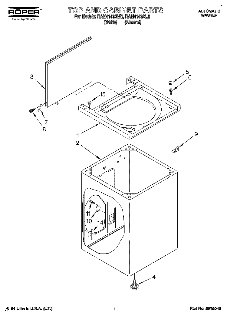 TOP AND CABINET, LIT/OPTIONAL Diagram and Parts List for RAM4143AL2  Whirlpool Washer