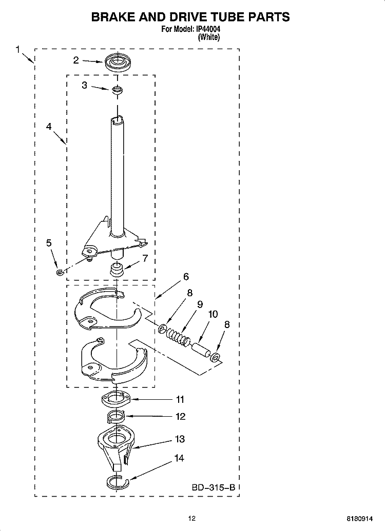 BRAKE AND DRIVE TUBE PARTS Diagram and Parts List for IP44004  Inglis Washer