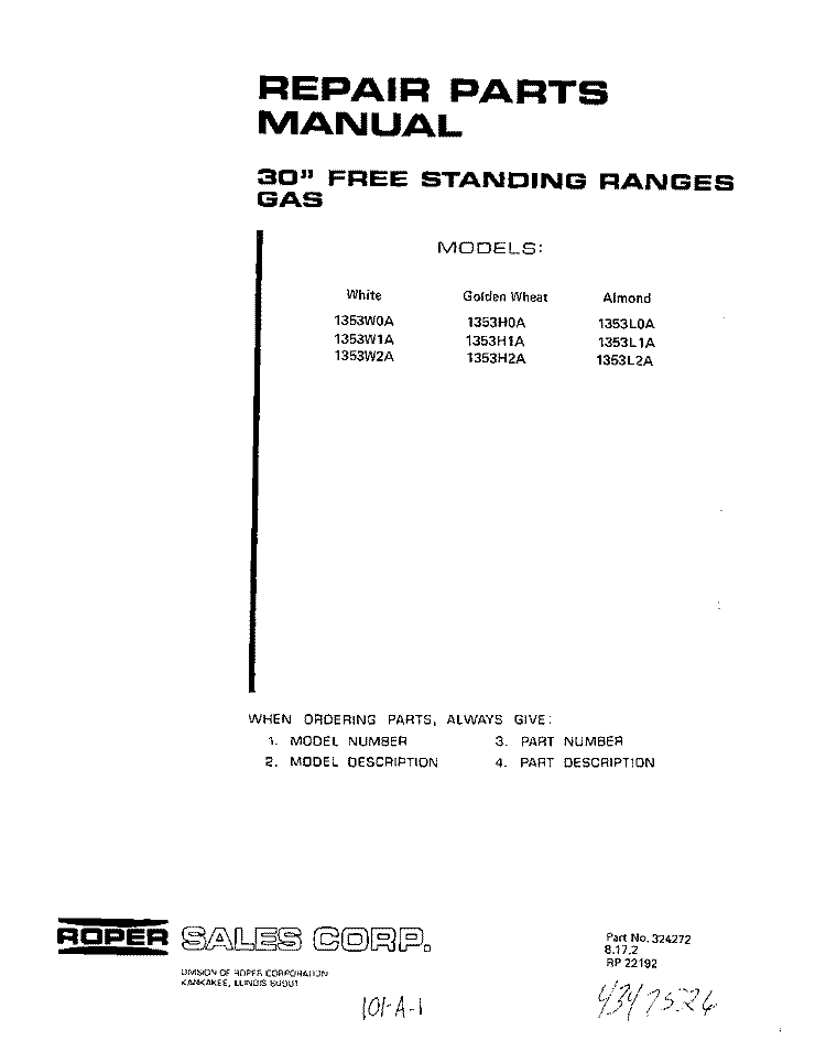 BACKGUARD Diagram and Parts List for 1353W1A  Roper Range