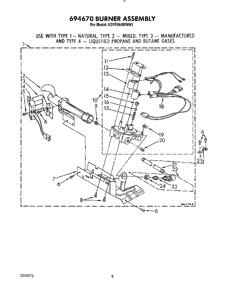 694670 BURNER ASSEMBLY Diagram and Parts List for KGYE664WWH1  KitchenAid Dryer