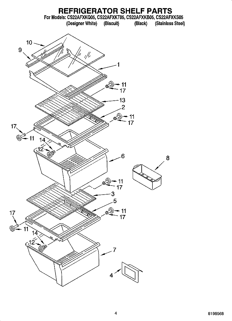 REFRIGERATOR SHELF PARTS Diagram and Parts List for CS22AFXKQ05  Crosley Refrigerator