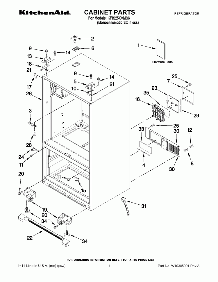 CABINET PARTS Diagram and Parts List for KFIS25XVMS6  KitchenAid Refrigerator