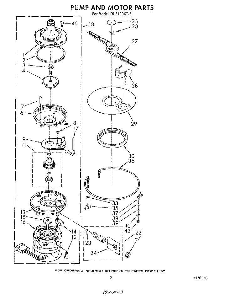 PUMP AND MOTOR Diagram and Parts List for DU8100XT3  Whirlpool Dishwasher