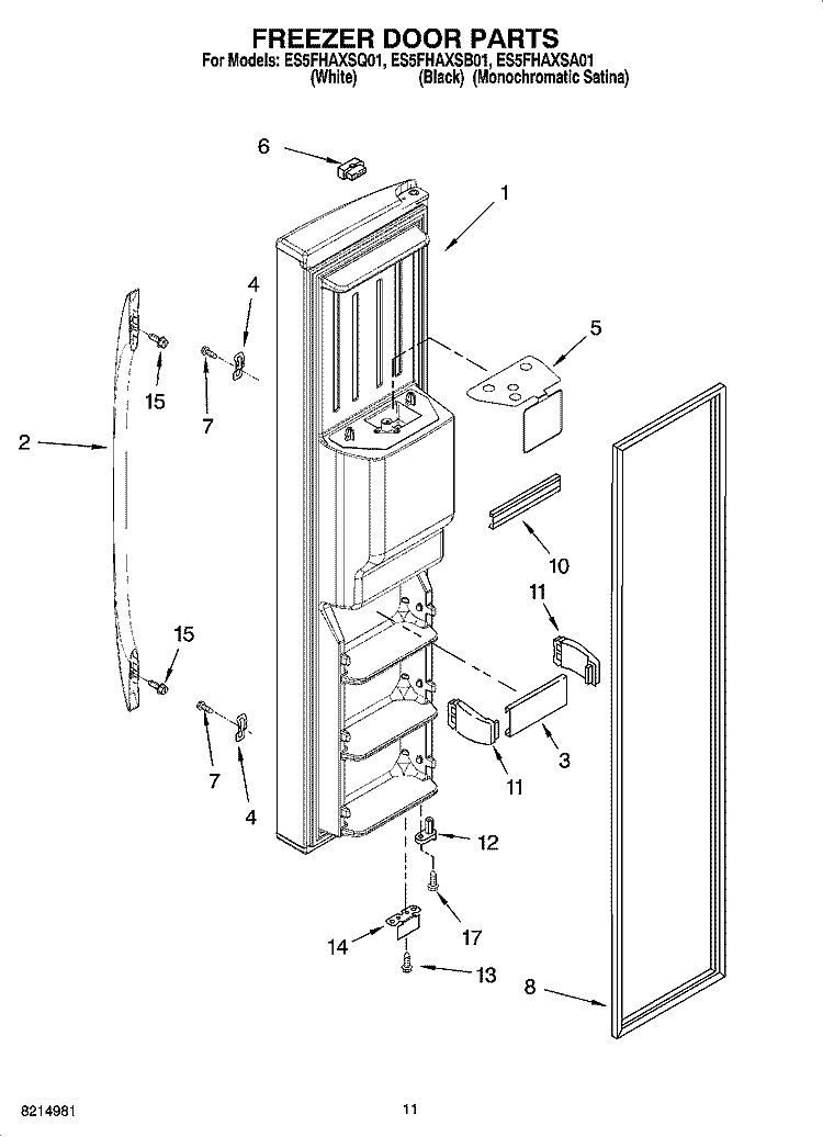 FREEZER DOOR PARTS Diagram and Parts List for ES5FHAXSQ01  Whirlpool Refrigerator