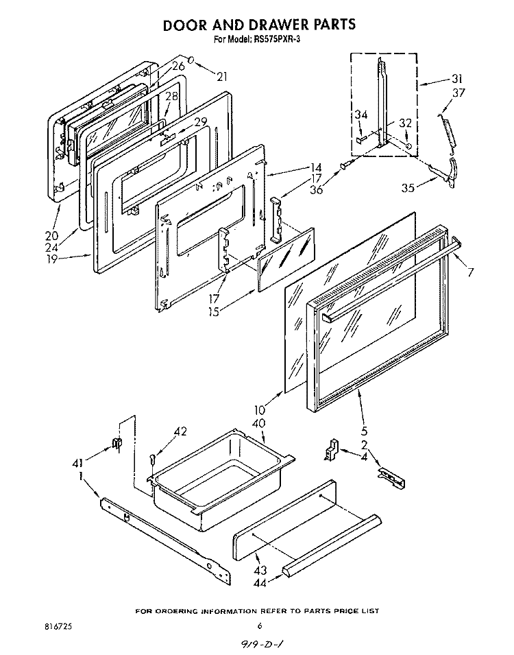 DOOR AND DRAWER Diagram and Parts List for RS575PXR3  Whirlpool Range