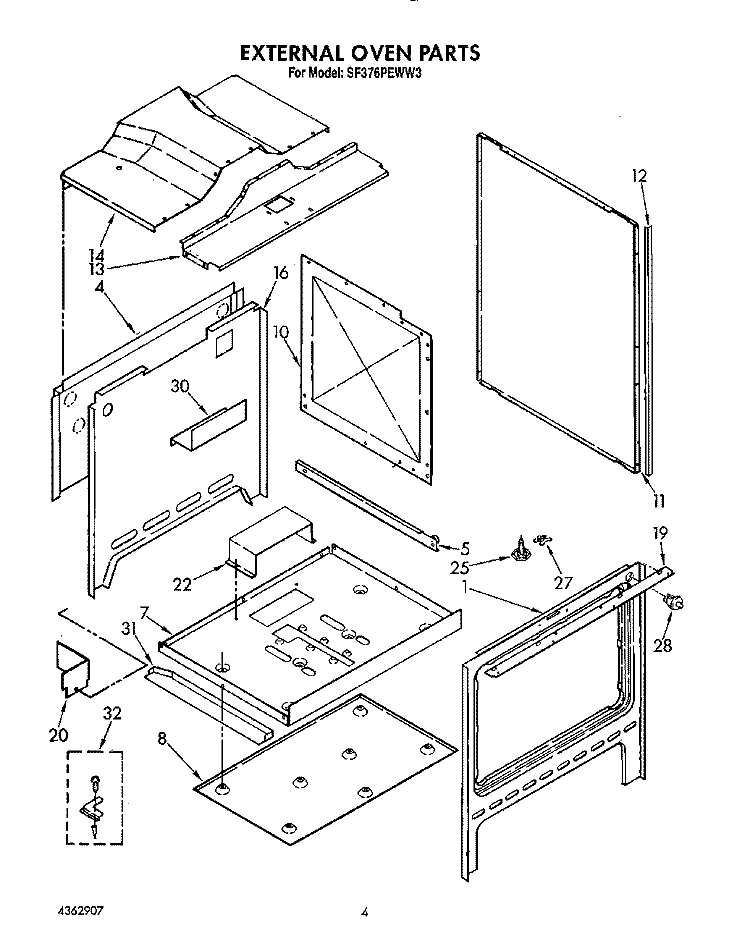 EXTERNAL OVEN Diagram and Parts List for SF376PEWW3  Whirlpool Range