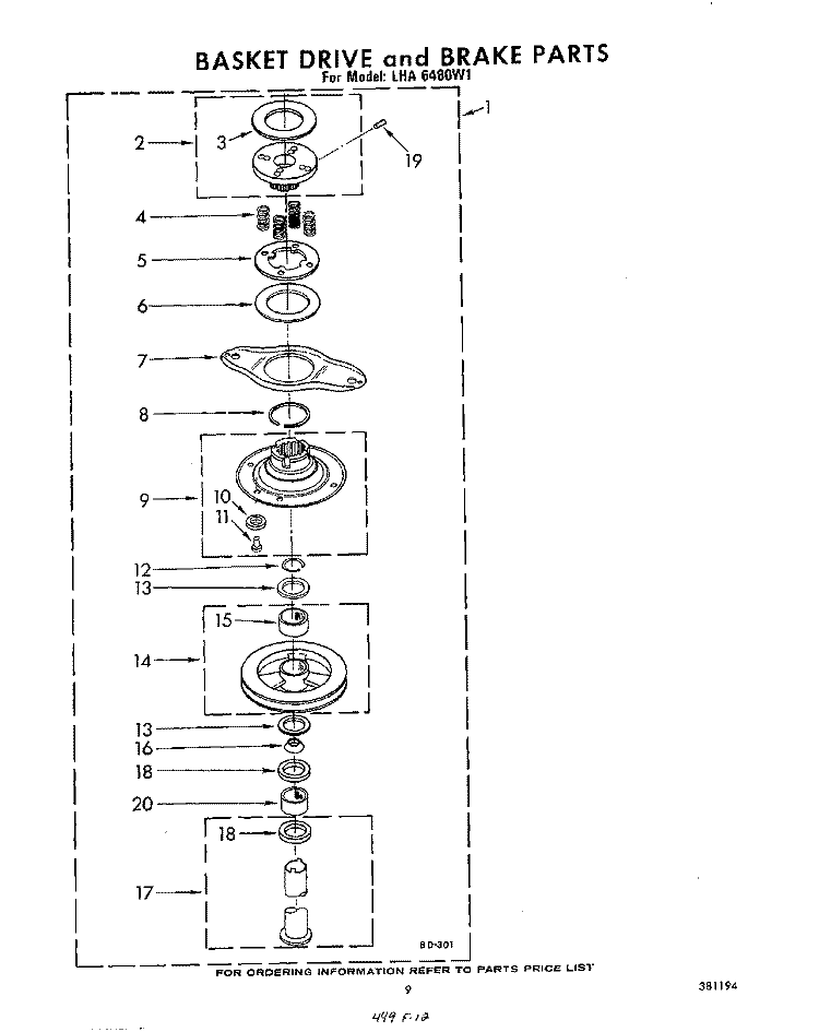 BASKET DRIVE AND BRAKE Diagram and Parts List for LHA6480W1  Whirlpool Washer