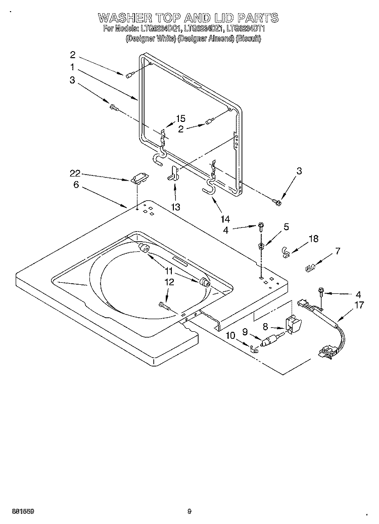 WASHER TOP AND LID Diagram and Parts List for LTG6234DT1  Whirlpool Washer Dryer Combo
