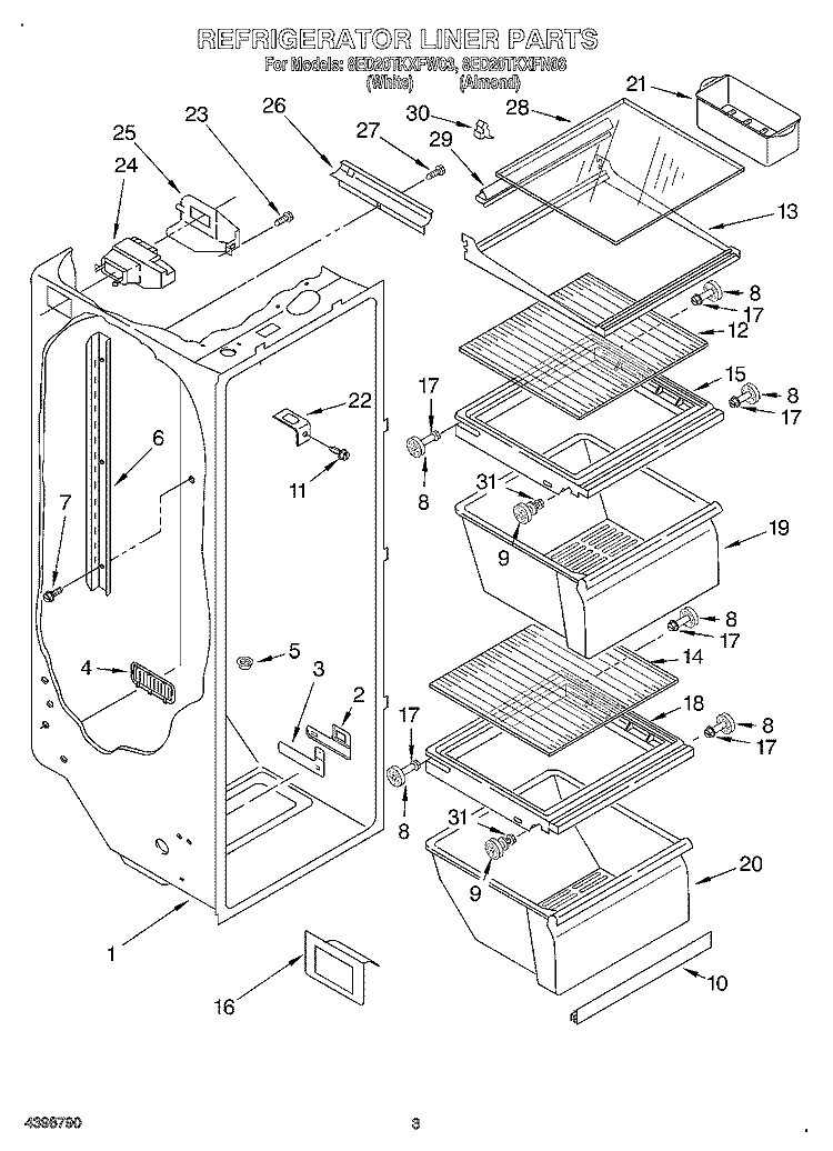 REFRIGERATOR LINER Diagram and Parts List for 8ED20TKXFW03  Whirlpool Refrigerator