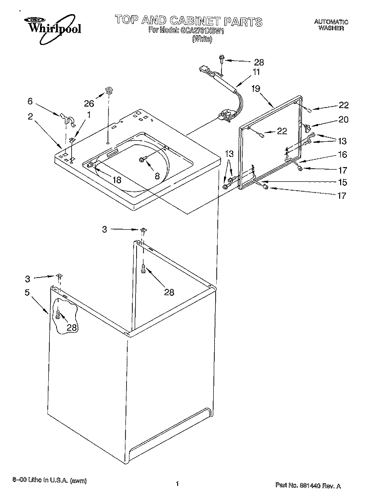TOP AND CABINET Diagram and Parts List for GCA2781XSW1  Whirlpool Washer