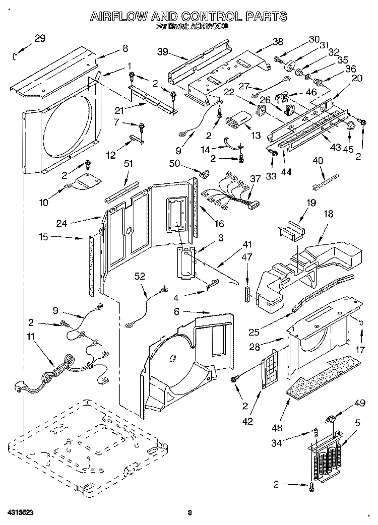 AIRFLOW AND CONTROL Diagram and Parts List for ACR124XD0  Whirlpool Air Conditioner
