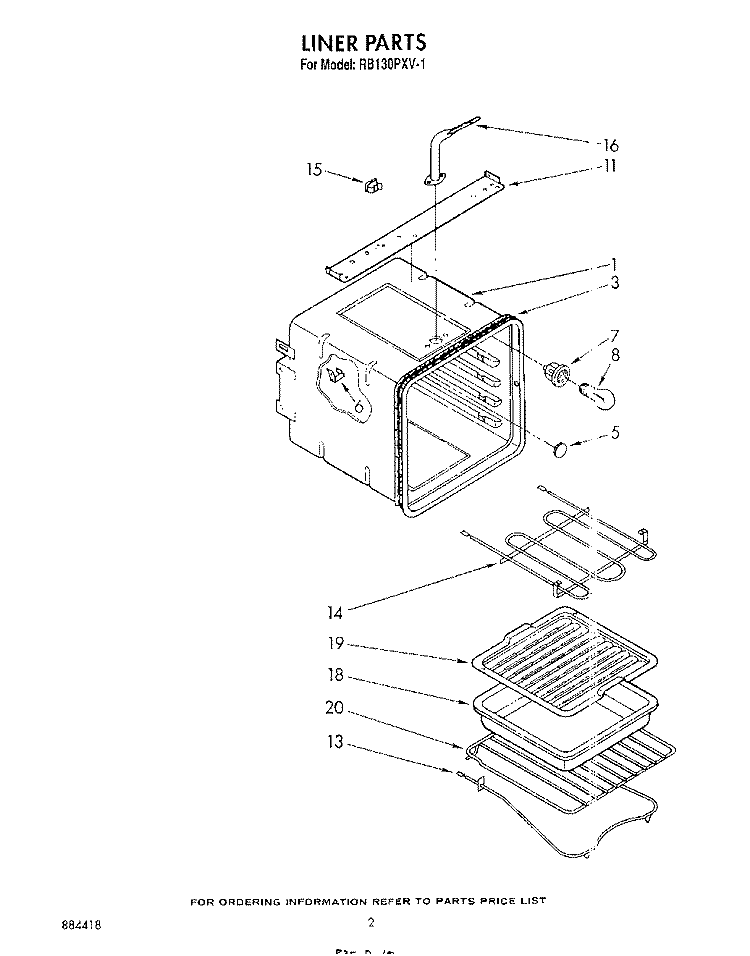 LINER Diagram and Parts List for RB130PXV1  Whirlpool Wall Oven