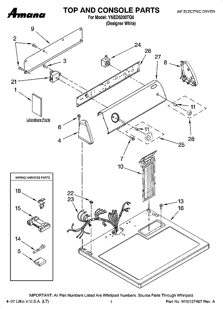 TOP AND CONSOLE PARTS Diagram and Parts List for YNED5200TQ0  Amana Dryer