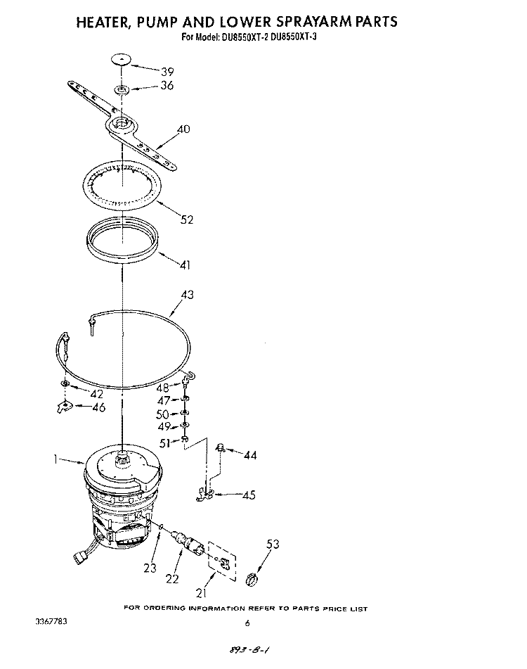 HEATER, PUMP AND LOWER SPRAY ARM Diagram and Parts List for DU8550XT3  Whirlpool Dishwasher