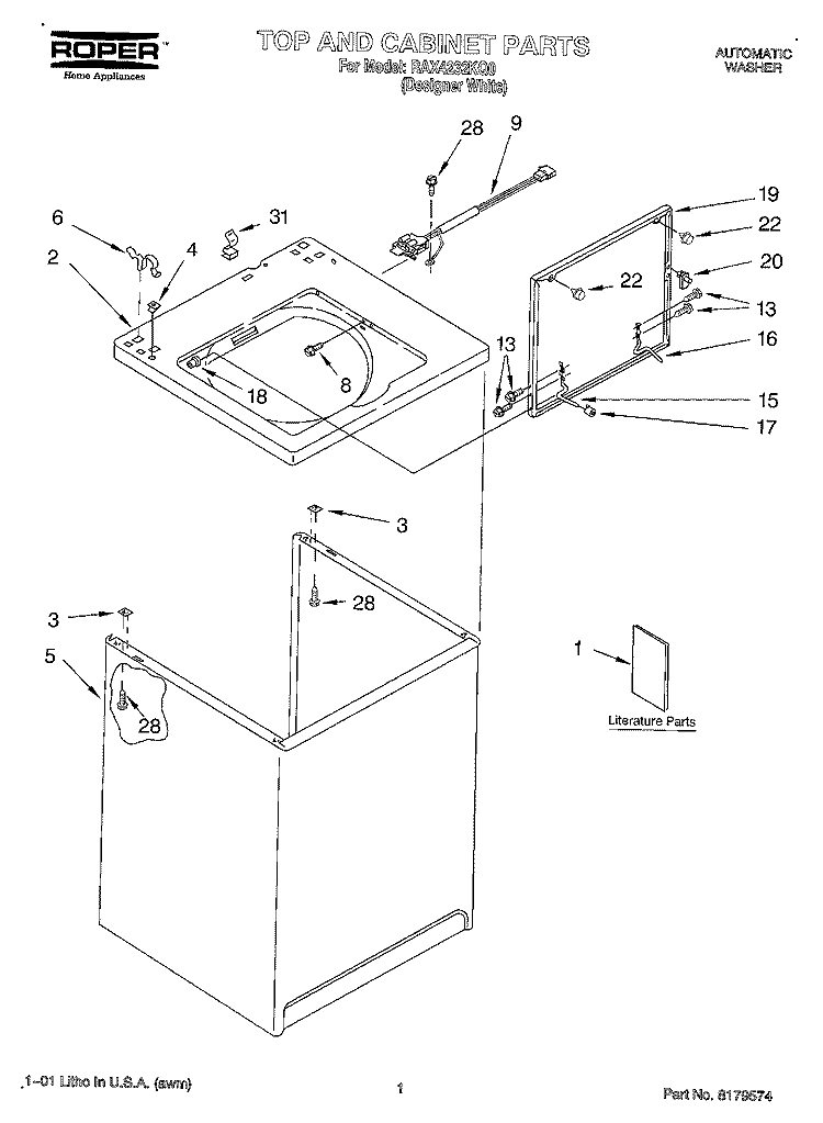 TOP AND CABINET, LITERATURE Diagram and Parts List for RAX4232KQ0  Roper Washer