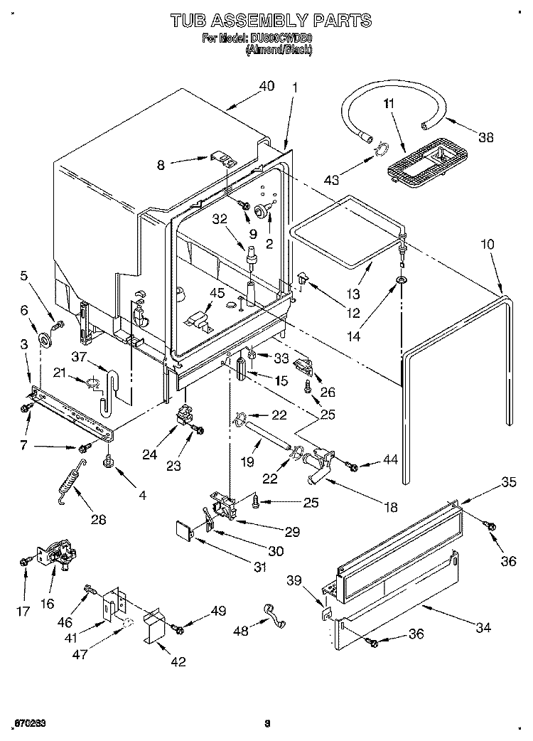 TUB ASSEMBLY Diagram and Parts List for DU800CWDB0  Whirlpool Dishwasher