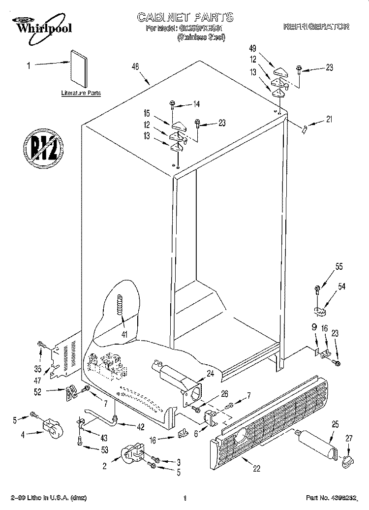 CABINET, LITERATURE Diagram and Parts List for GD25SFXHS01  Whirlpool Refrigerator